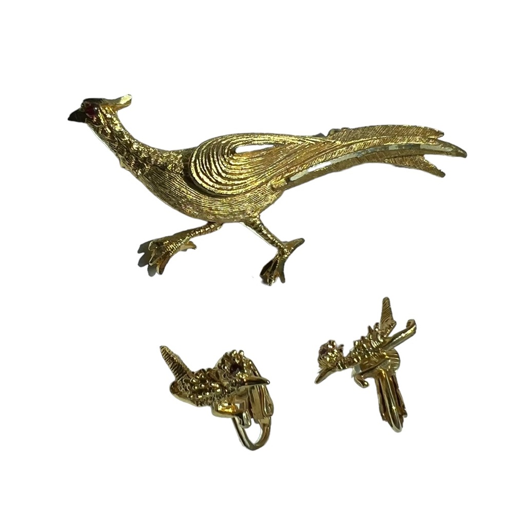 Retro bsk jewelry set faux gold ruby pheasant pin clip earrings costume country